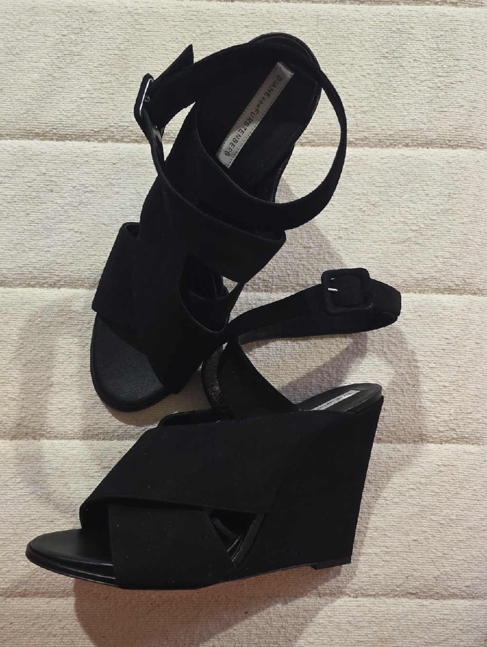 Diane Von Furstenberg Black Crisscross Wedge Sandals